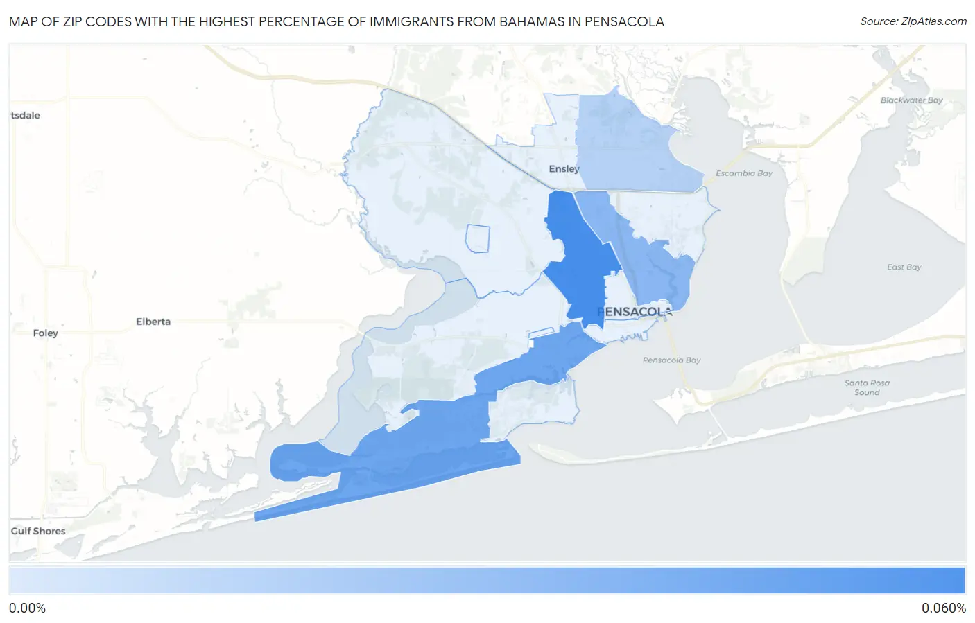 Zip Codes with the Highest Percentage of Immigrants from Bahamas in Pensacola Map