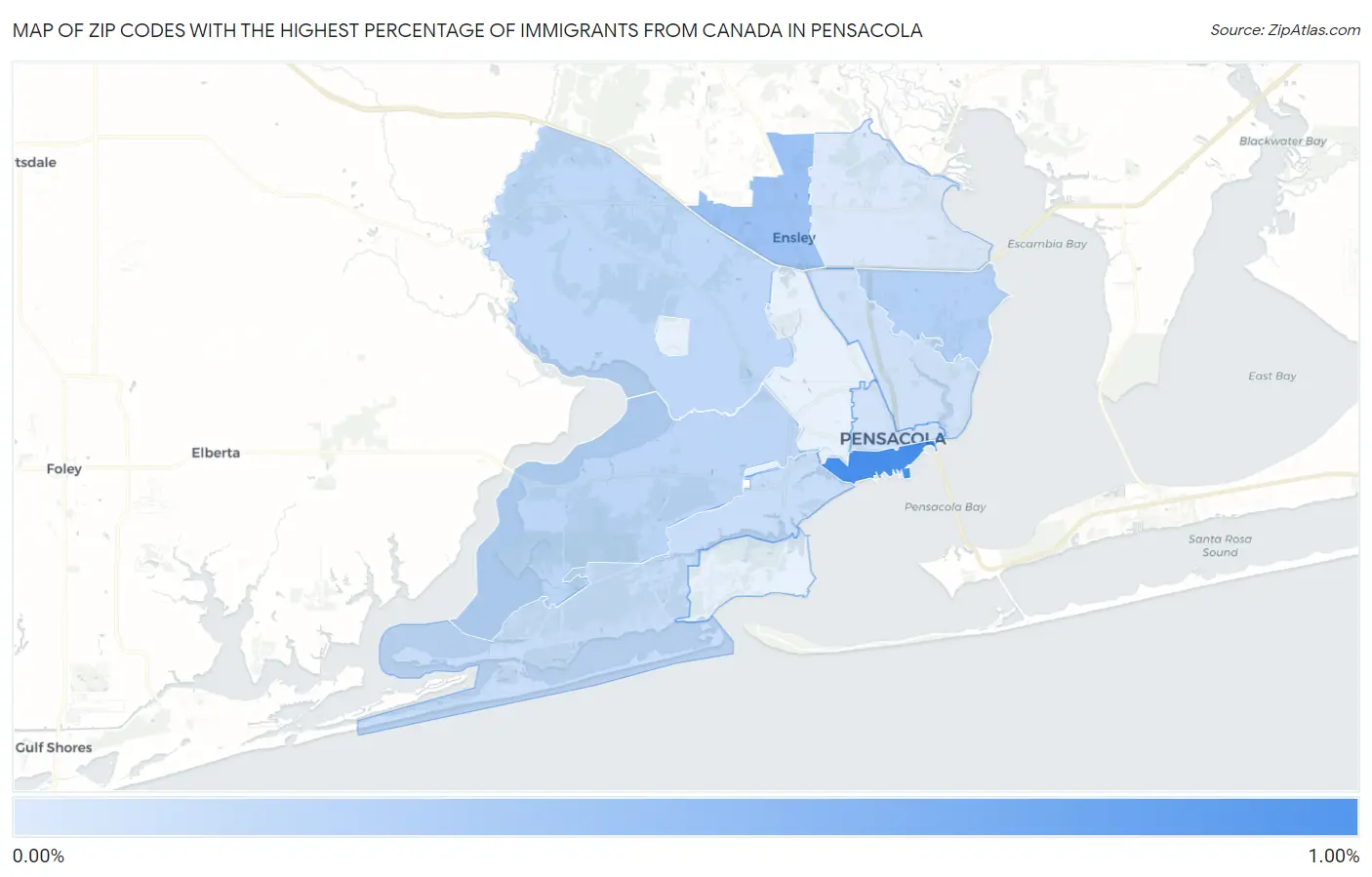 Zip Codes with the Highest Percentage of Immigrants from Canada in Pensacola Map