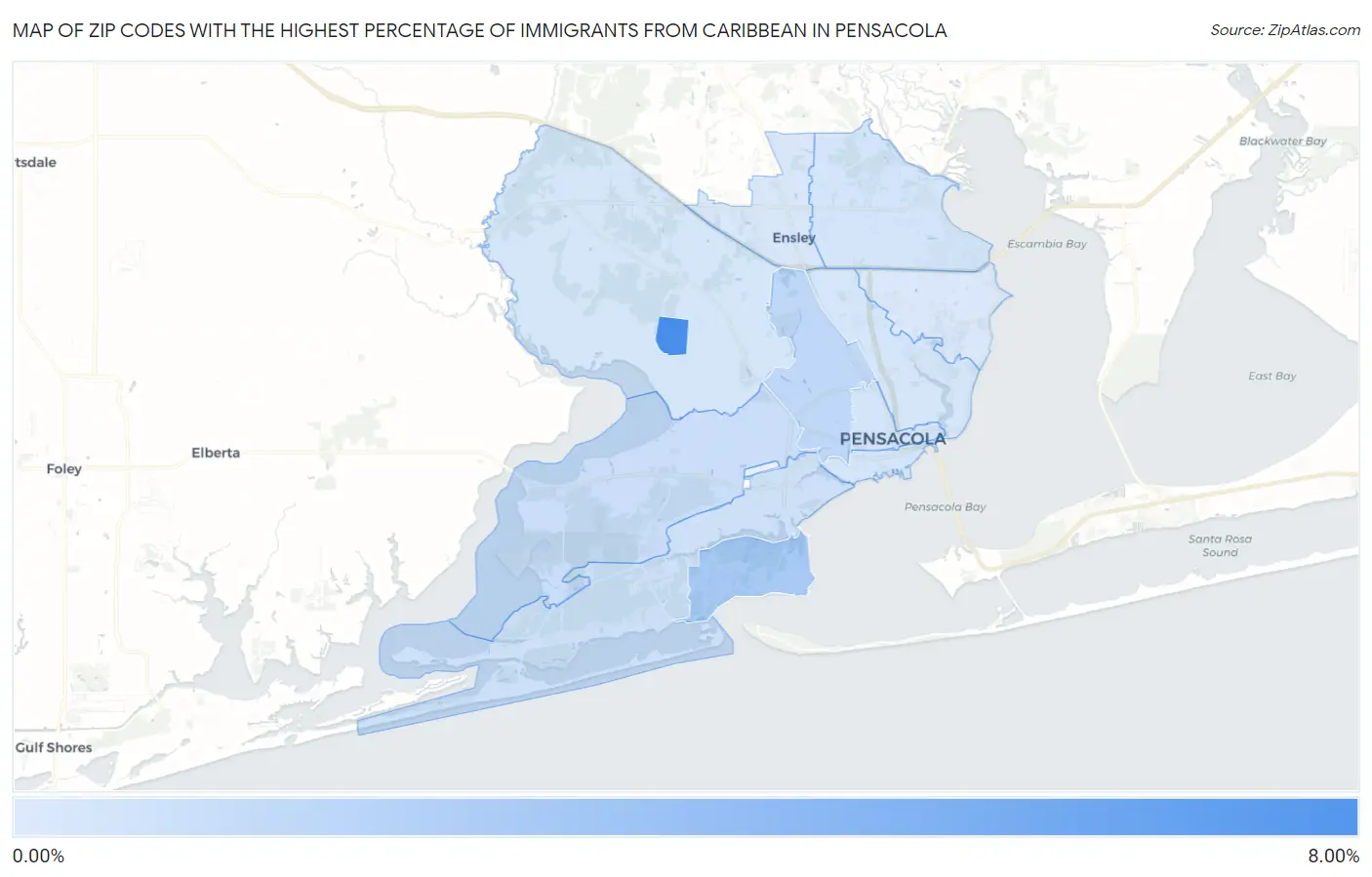 Zip Codes with the Highest Percentage of Immigrants from Caribbean in Pensacola Map