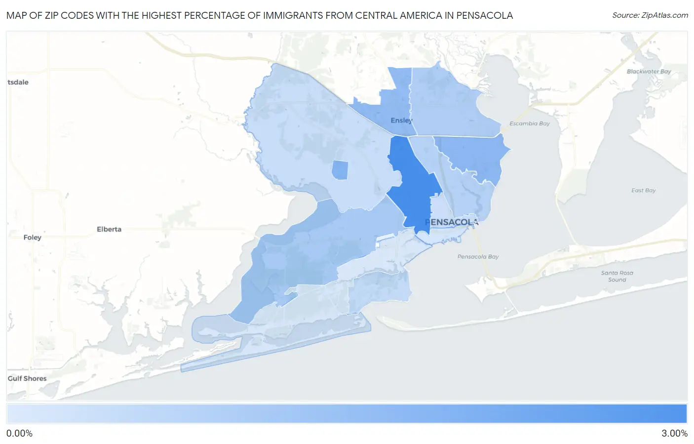 Zip Codes with the Highest Percentage of Immigrants from Central America in Pensacola Map