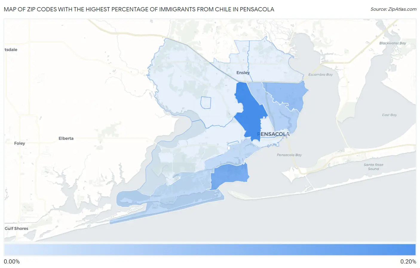 Zip Codes with the Highest Percentage of Immigrants from Chile in Pensacola Map
