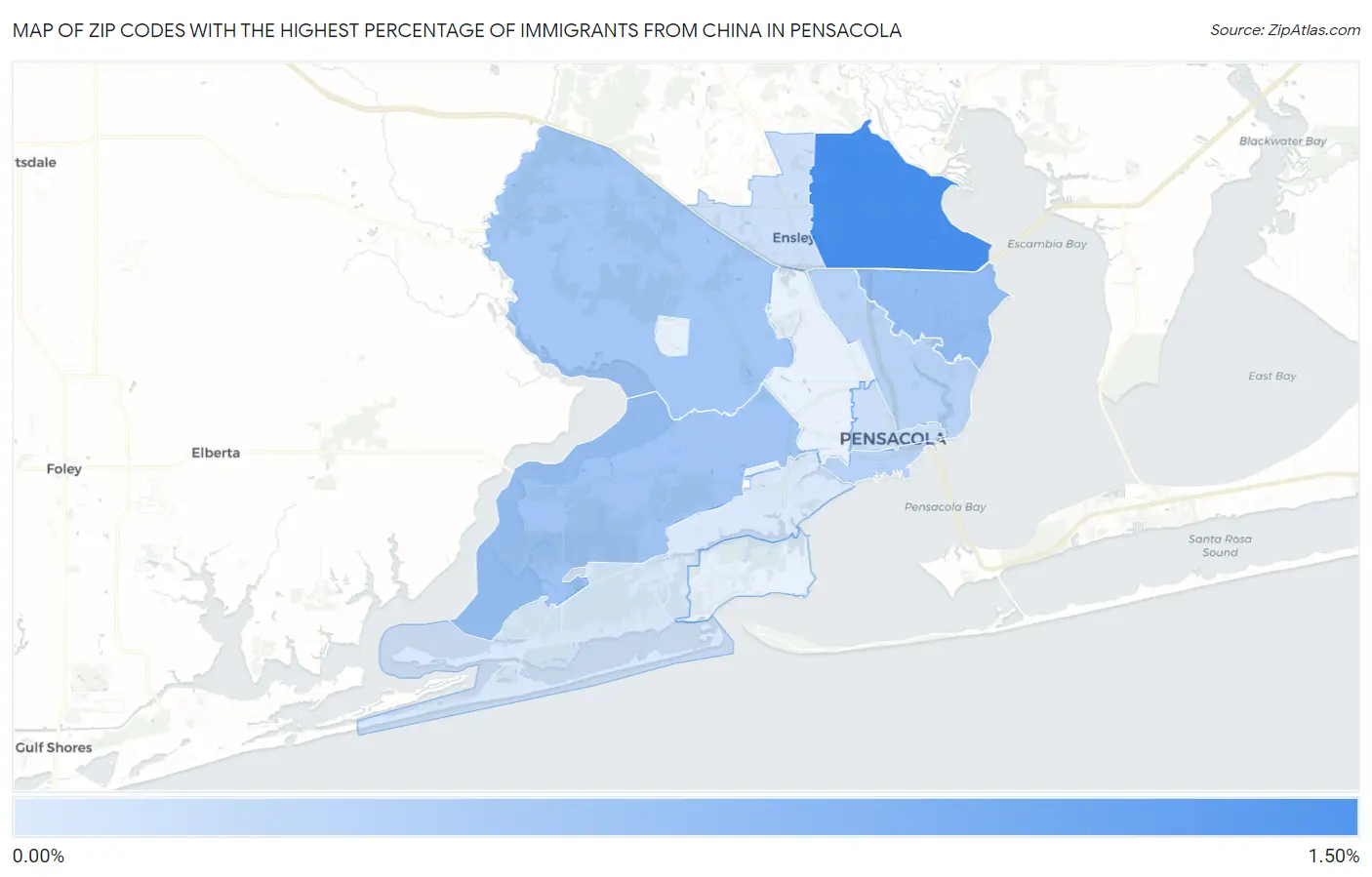 Zip Codes with the Highest Percentage of Immigrants from China in Pensacola Map