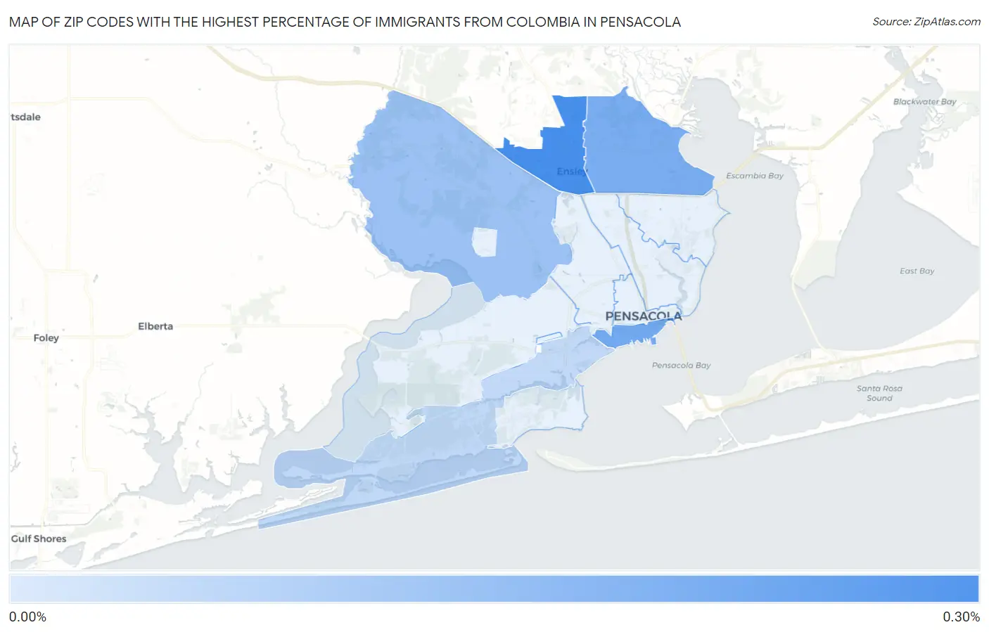 Zip Codes with the Highest Percentage of Immigrants from Colombia in Pensacola Map