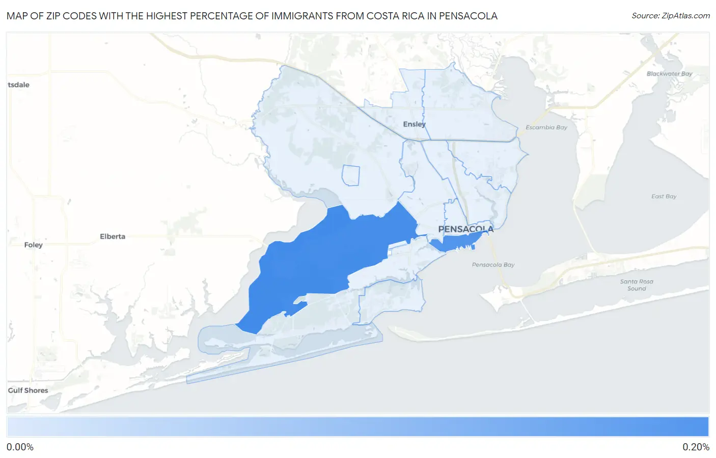 Zip Codes with the Highest Percentage of Immigrants from Costa Rica in Pensacola Map