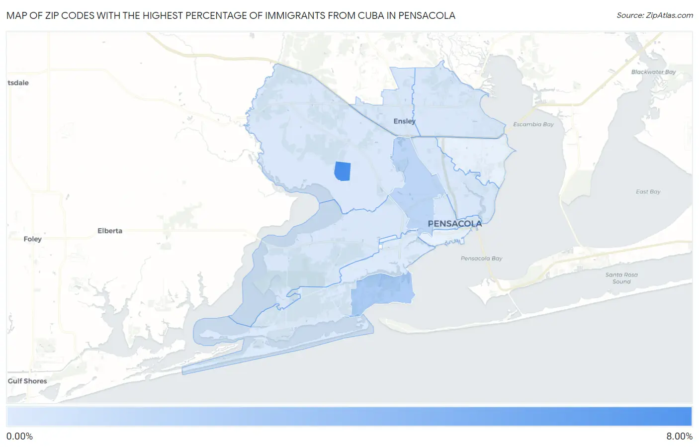 Zip Codes with the Highest Percentage of Immigrants from Cuba in Pensacola Map