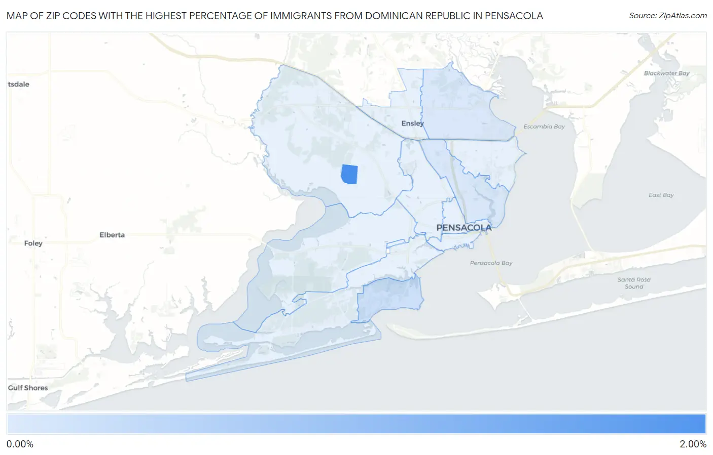 Zip Codes with the Highest Percentage of Immigrants from Dominican Republic in Pensacola Map