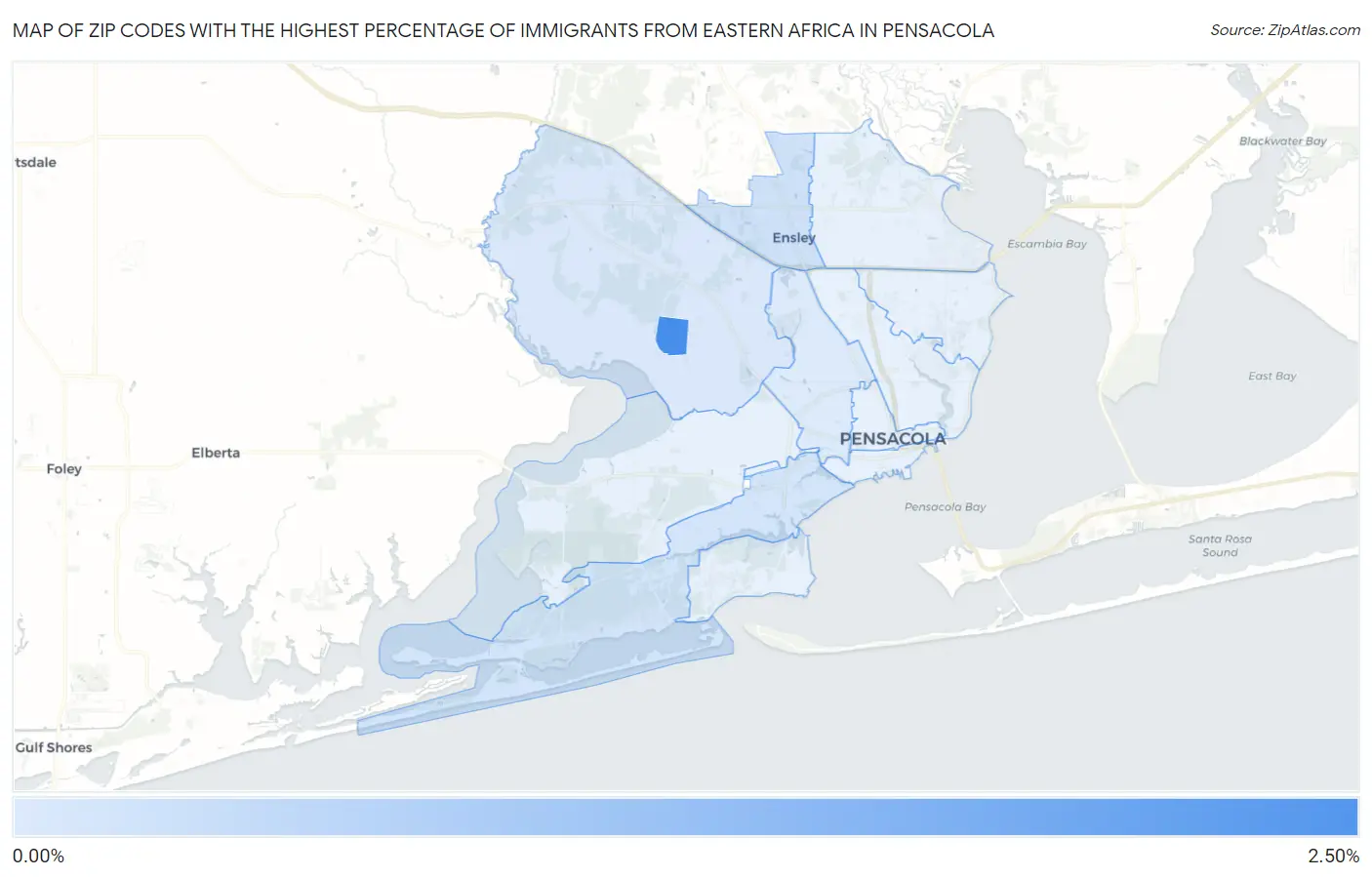 Zip Codes with the Highest Percentage of Immigrants from Eastern Africa in Pensacola Map