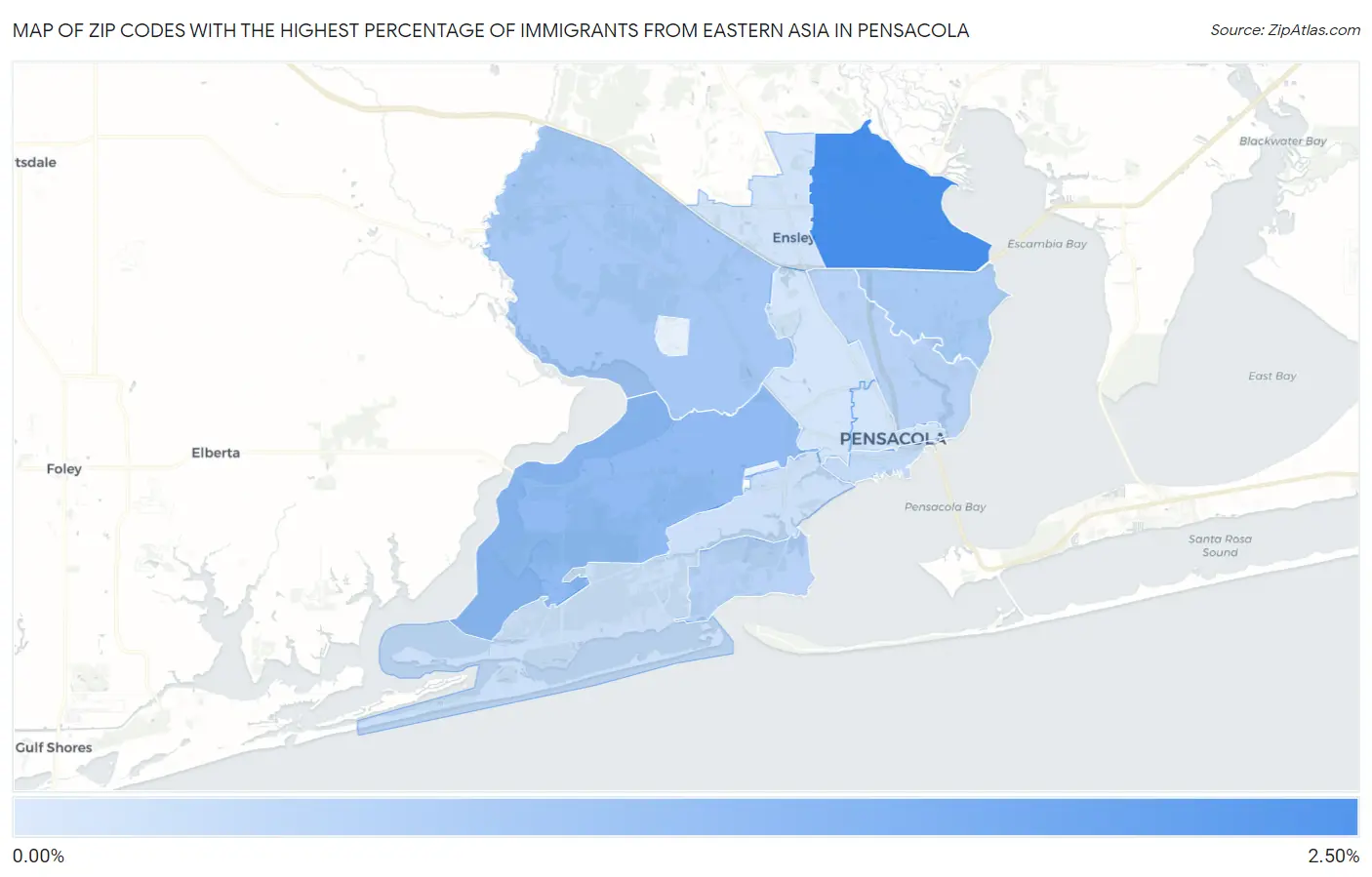 Zip Codes with the Highest Percentage of Immigrants from Eastern Asia in Pensacola Map