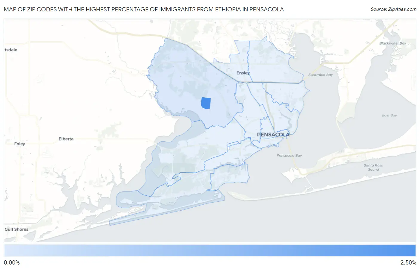 Zip Codes with the Highest Percentage of Immigrants from Ethiopia in Pensacola Map