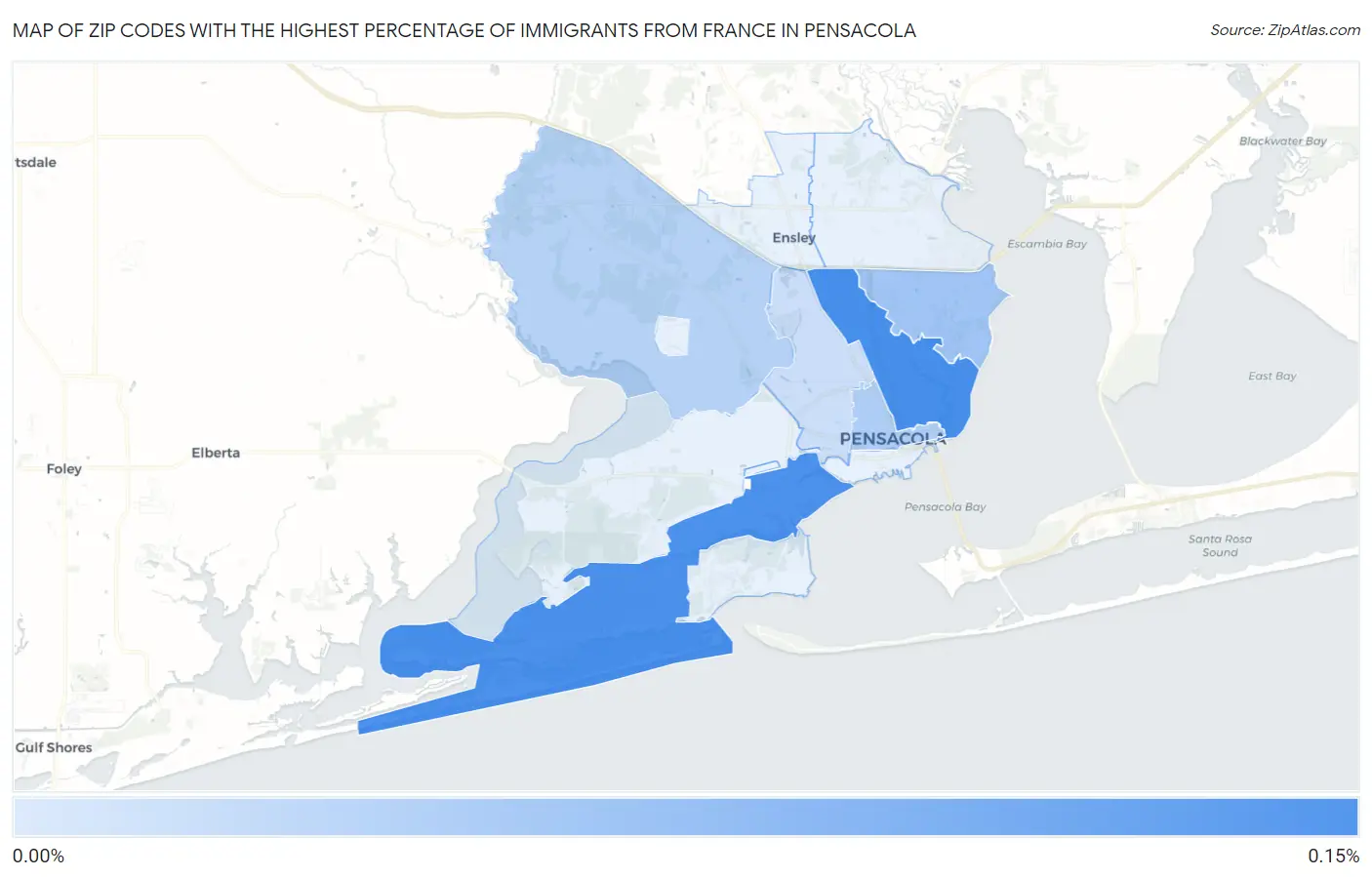 Zip Codes with the Highest Percentage of Immigrants from France in Pensacola Map