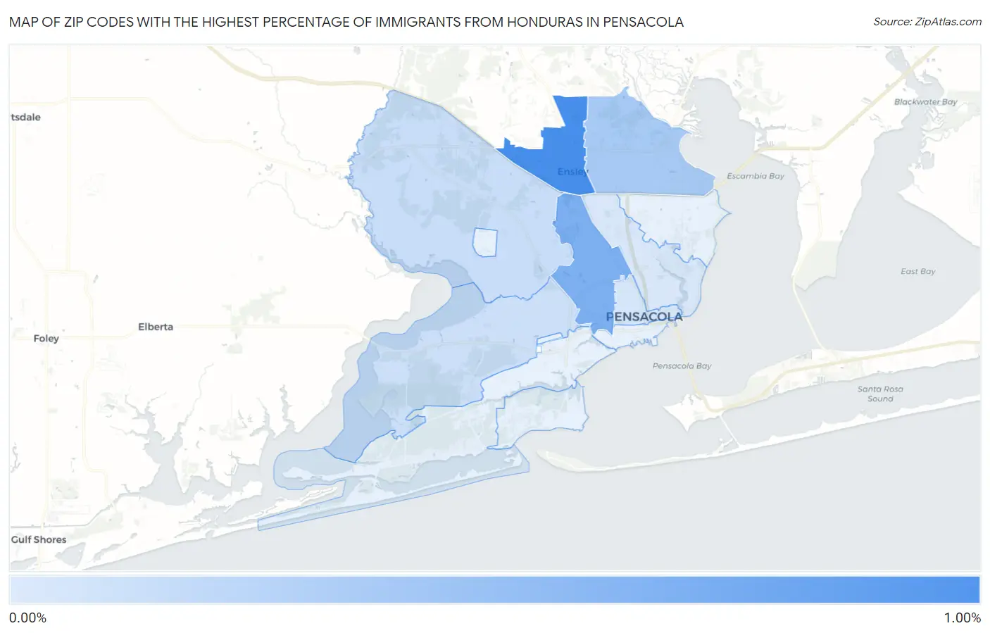 Zip Codes with the Highest Percentage of Immigrants from Honduras in Pensacola Map