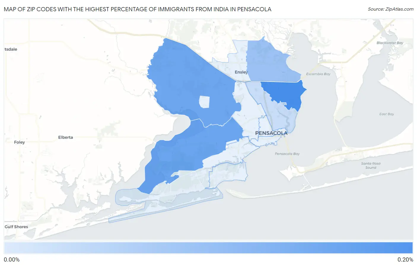 Zip Codes with the Highest Percentage of Immigrants from India in Pensacola Map