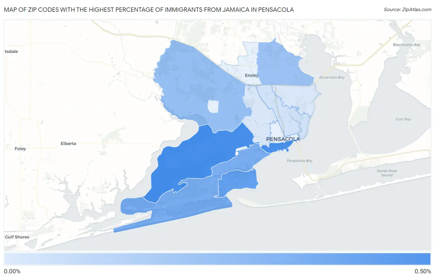 Zip Codes with the Highest Percentage of Immigrants from Jamaica in Pensacola Map