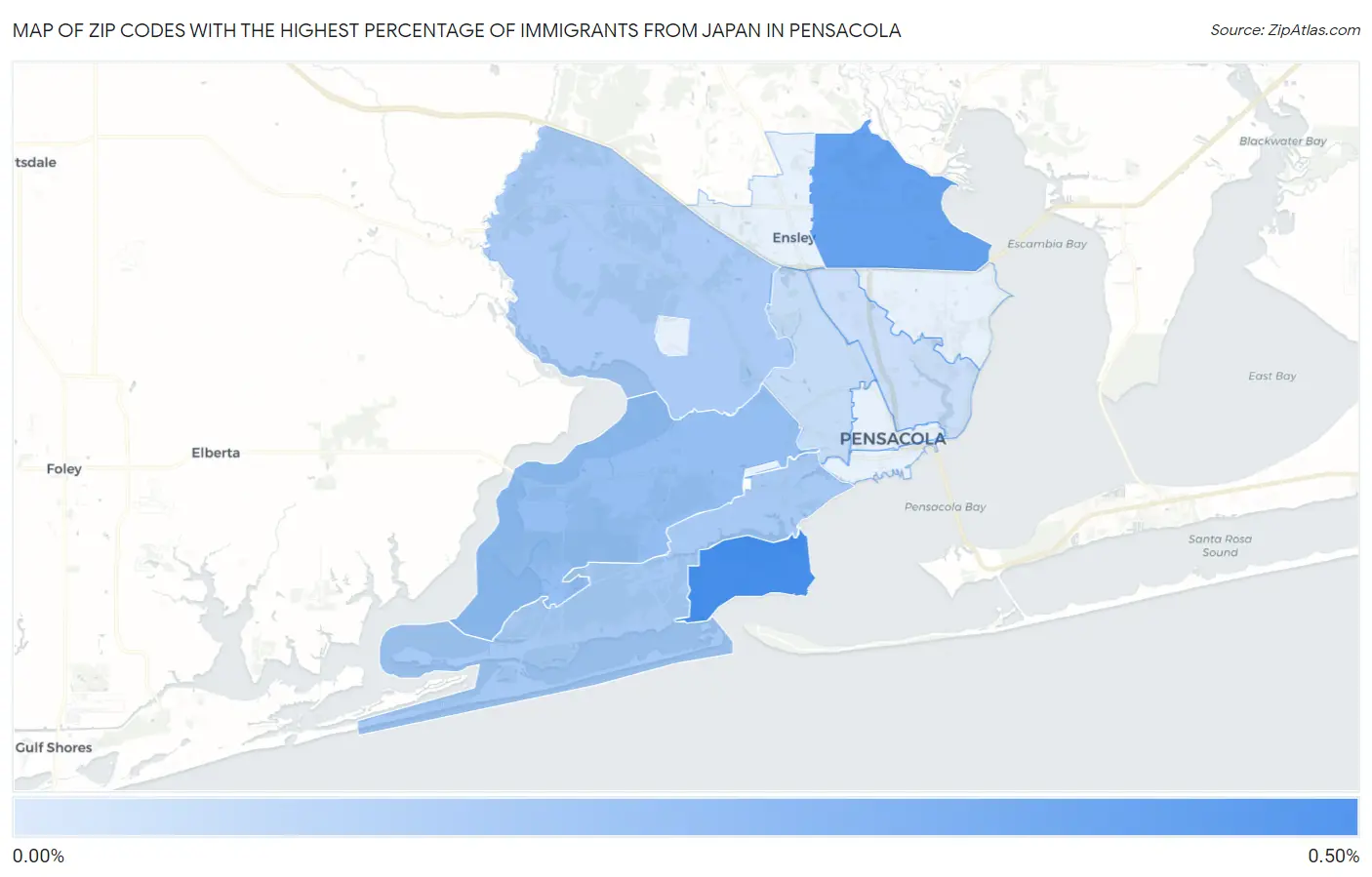 Zip Codes with the Highest Percentage of Immigrants from Japan in Pensacola Map