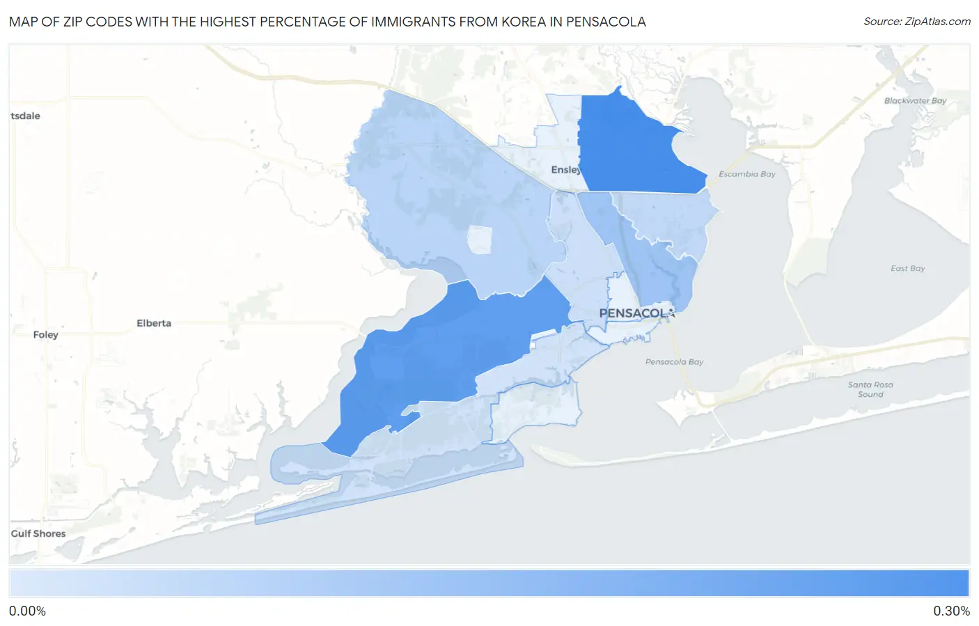 Zip Codes with the Highest Percentage of Immigrants from Korea in Pensacola Map
