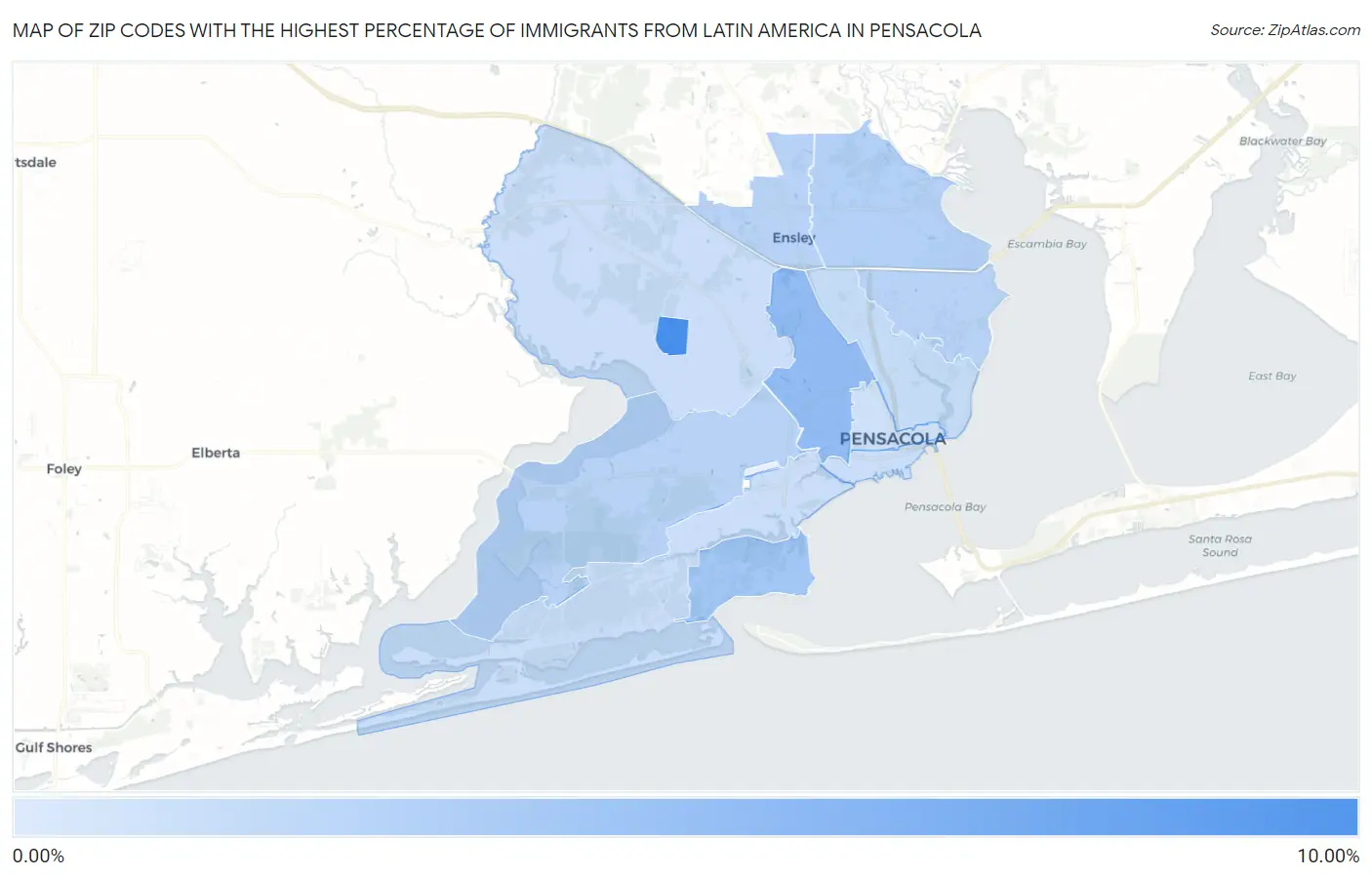 Zip Codes with the Highest Percentage of Immigrants from Latin America in Pensacola Map