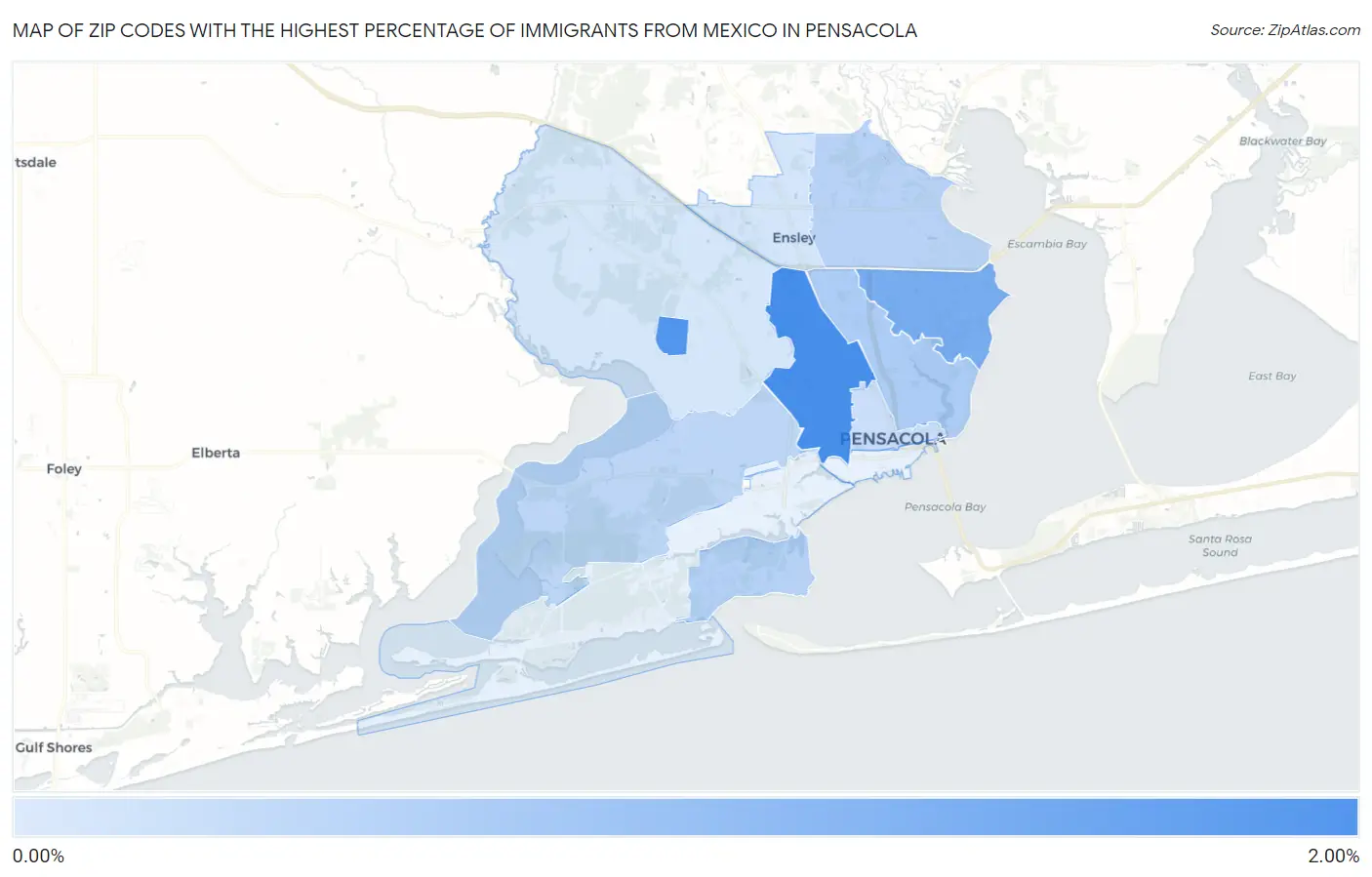 Zip Codes with the Highest Percentage of Immigrants from Mexico in Pensacola Map
