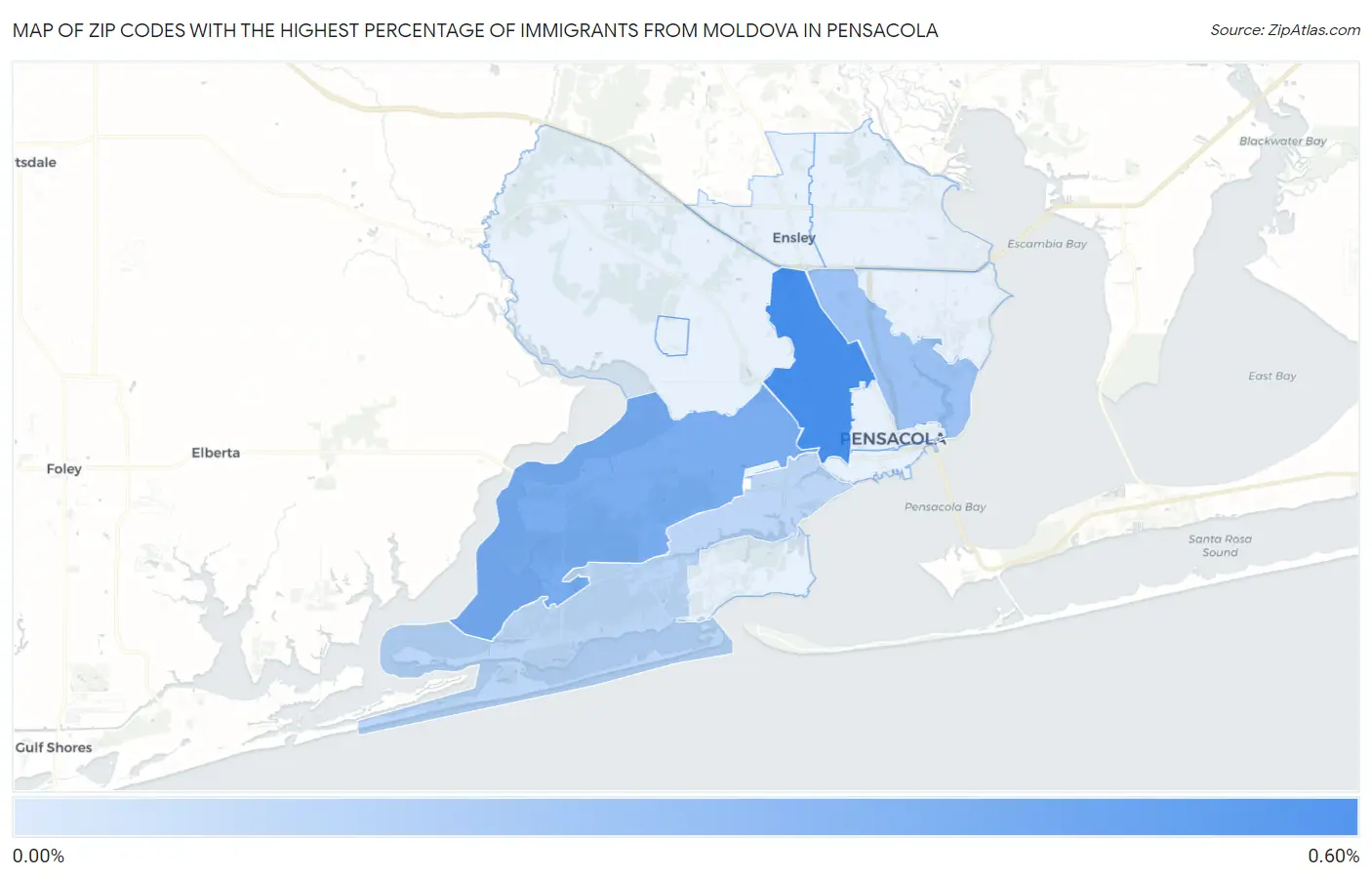 Zip Codes with the Highest Percentage of Immigrants from Moldova in Pensacola Map