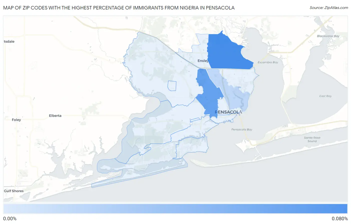 Zip Codes with the Highest Percentage of Immigrants from Nigeria in Pensacola Map