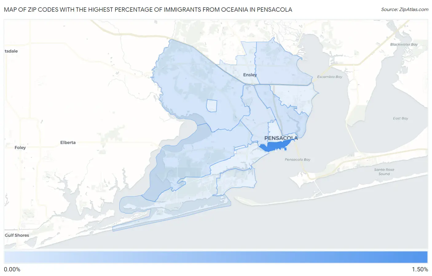 Zip Codes with the Highest Percentage of Immigrants from Oceania in Pensacola Map