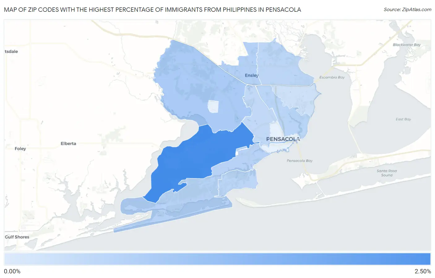 Zip Codes with the Highest Percentage of Immigrants from Philippines in Pensacola Map