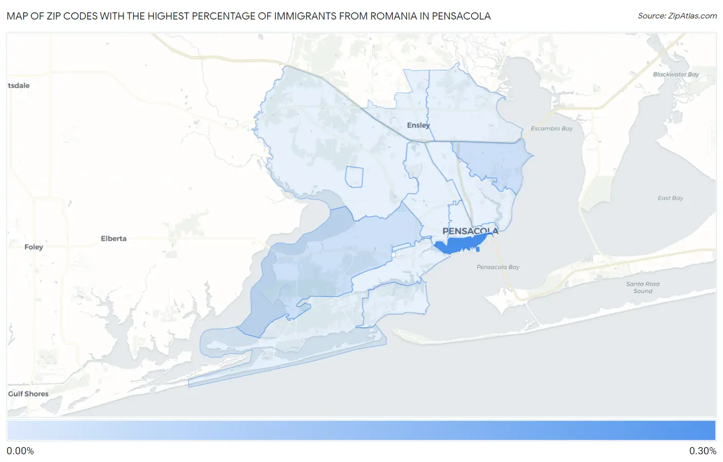 Zip Codes with the Highest Percentage of Immigrants from Romania in Pensacola Map