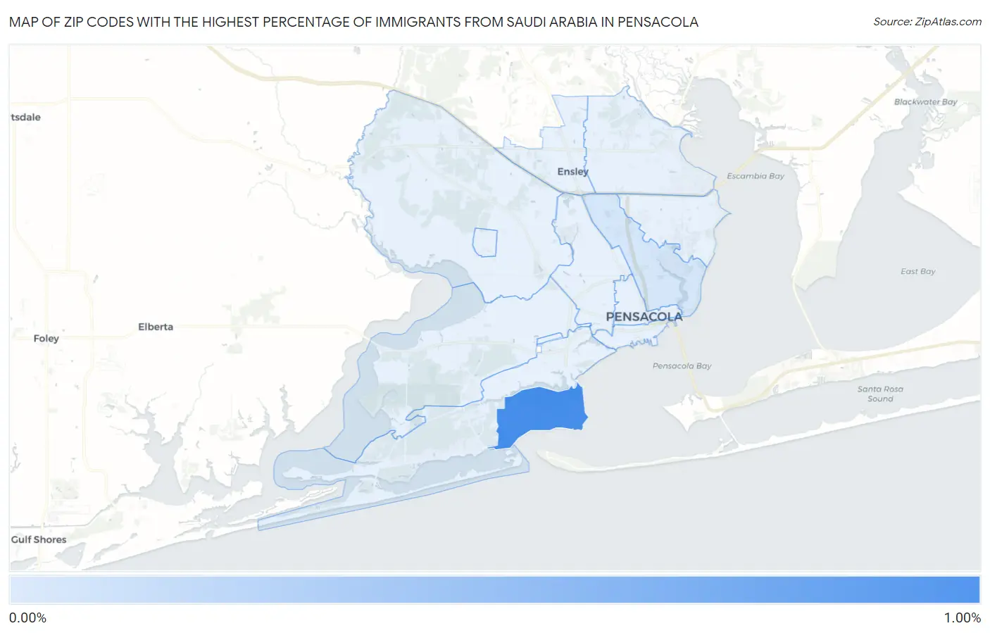Zip Codes with the Highest Percentage of Immigrants from Saudi Arabia in Pensacola Map