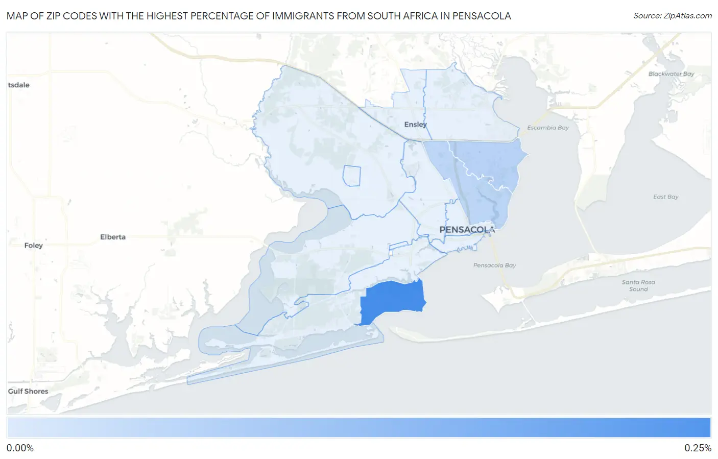Zip Codes with the Highest Percentage of Immigrants from South Africa in Pensacola Map