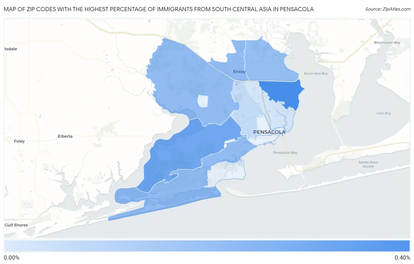Zip Codes with the Highest Percentage of Immigrants from South Central Asia in Pensacola Map