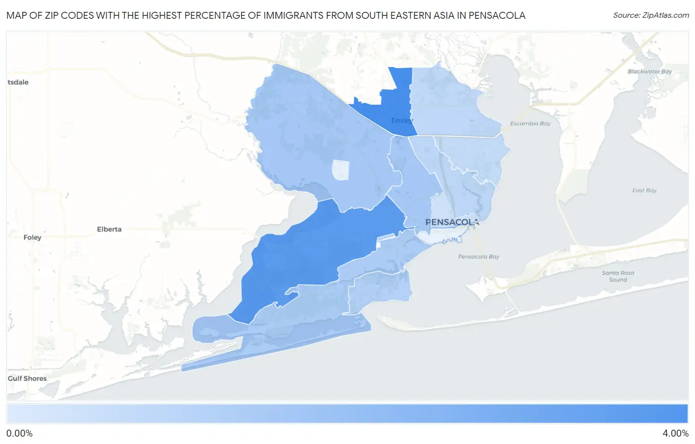 Zip Codes with the Highest Percentage of Immigrants from South Eastern Asia in Pensacola Map