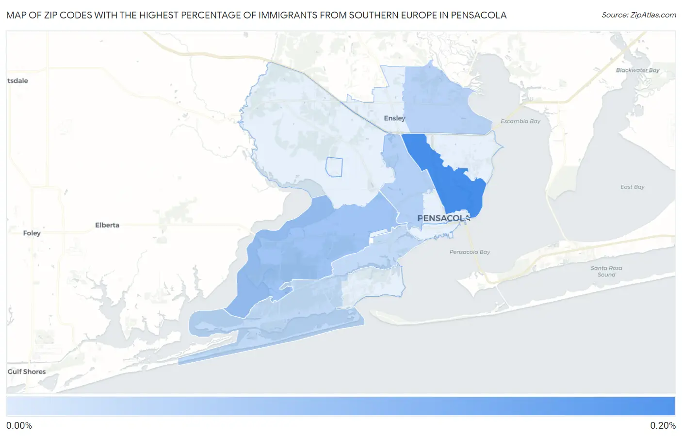 Zip Codes with the Highest Percentage of Immigrants from Southern Europe in Pensacola Map