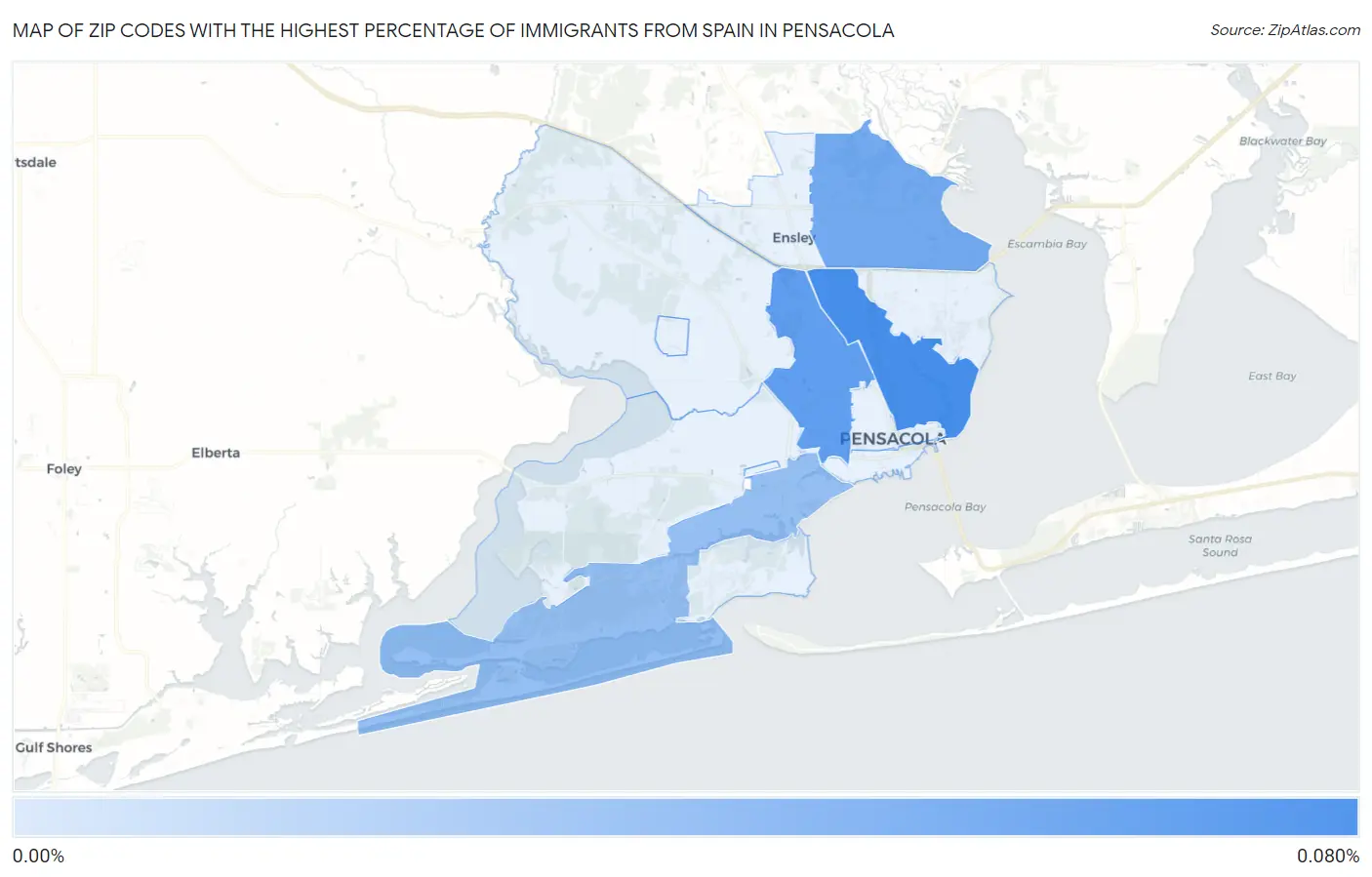 Zip Codes with the Highest Percentage of Immigrants from Spain in Pensacola Map