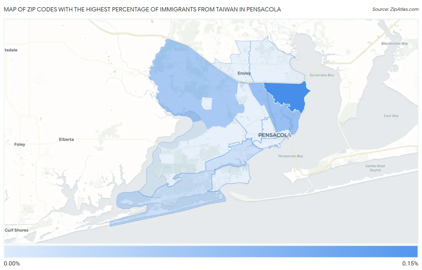 Zip Codes with the Highest Percentage of Immigrants from Taiwan in Pensacola Map