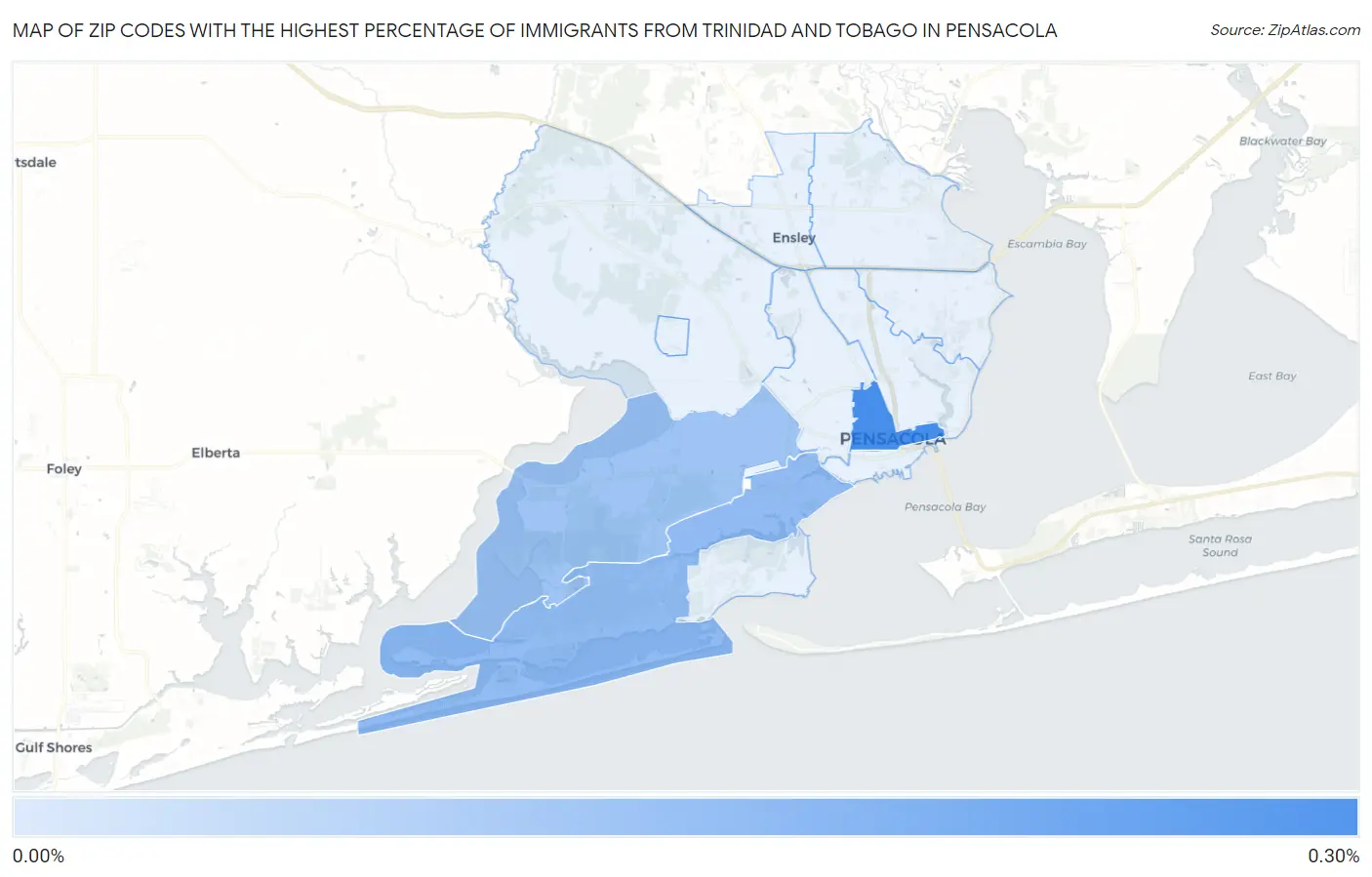 Zip Codes with the Highest Percentage of Immigrants from Trinidad and Tobago in Pensacola Map