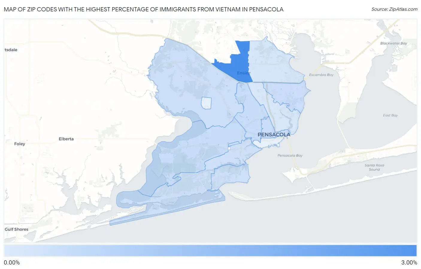 Zip Codes with the Highest Percentage of Immigrants from Vietnam in Pensacola Map