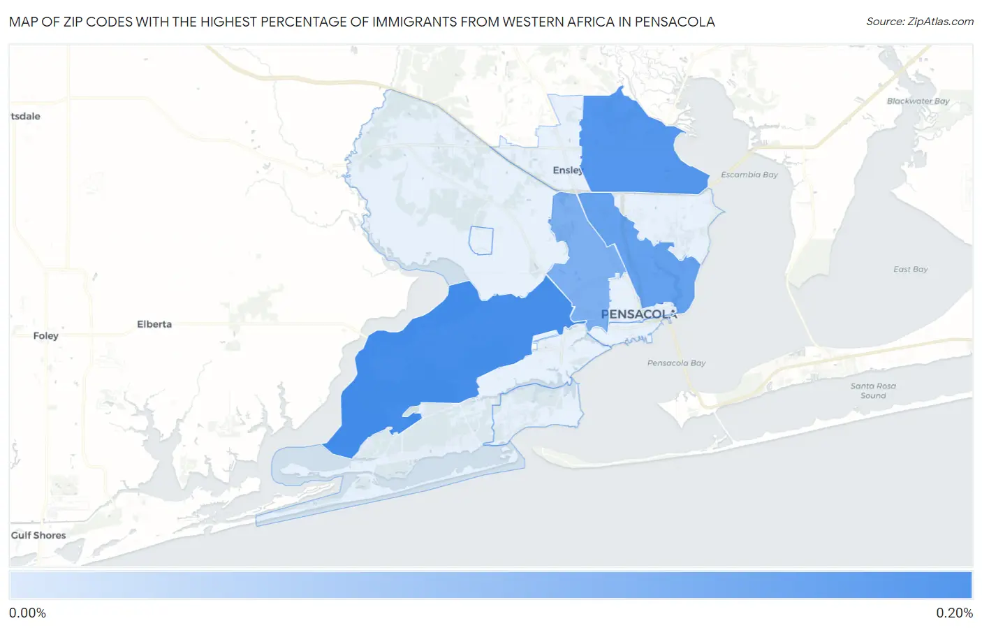 Zip Codes with the Highest Percentage of Immigrants from Western Africa in Pensacola Map