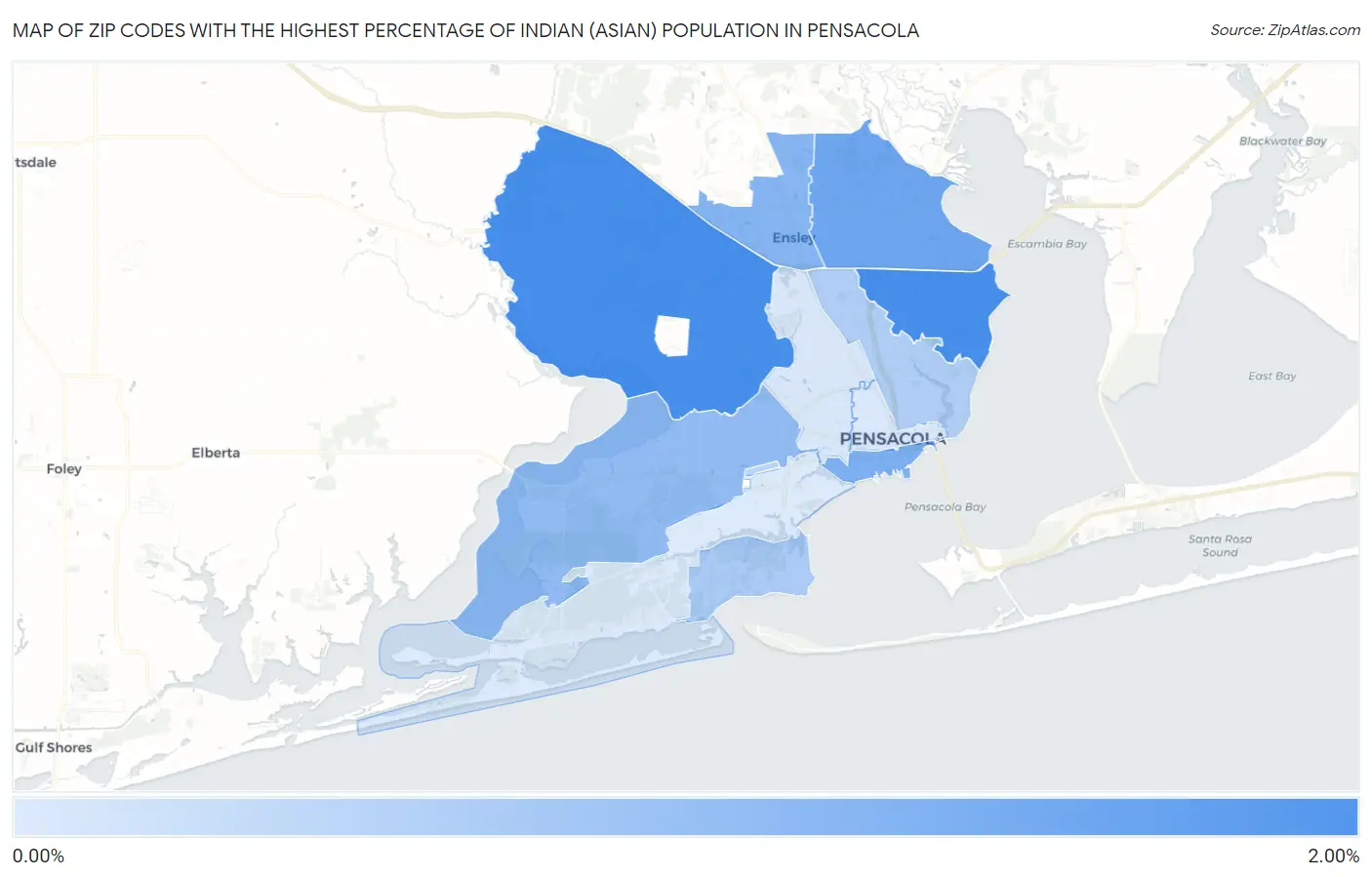Zip Codes with the Highest Percentage of Indian (Asian) Population in Pensacola Map