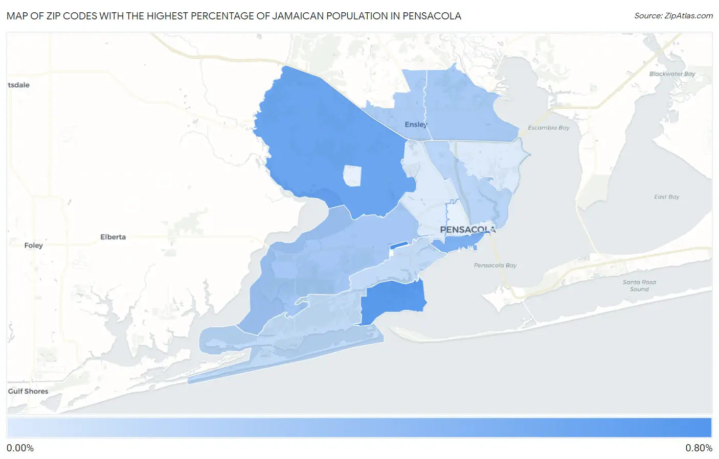 Zip Codes with the Highest Percentage of Jamaican Population in Pensacola Map