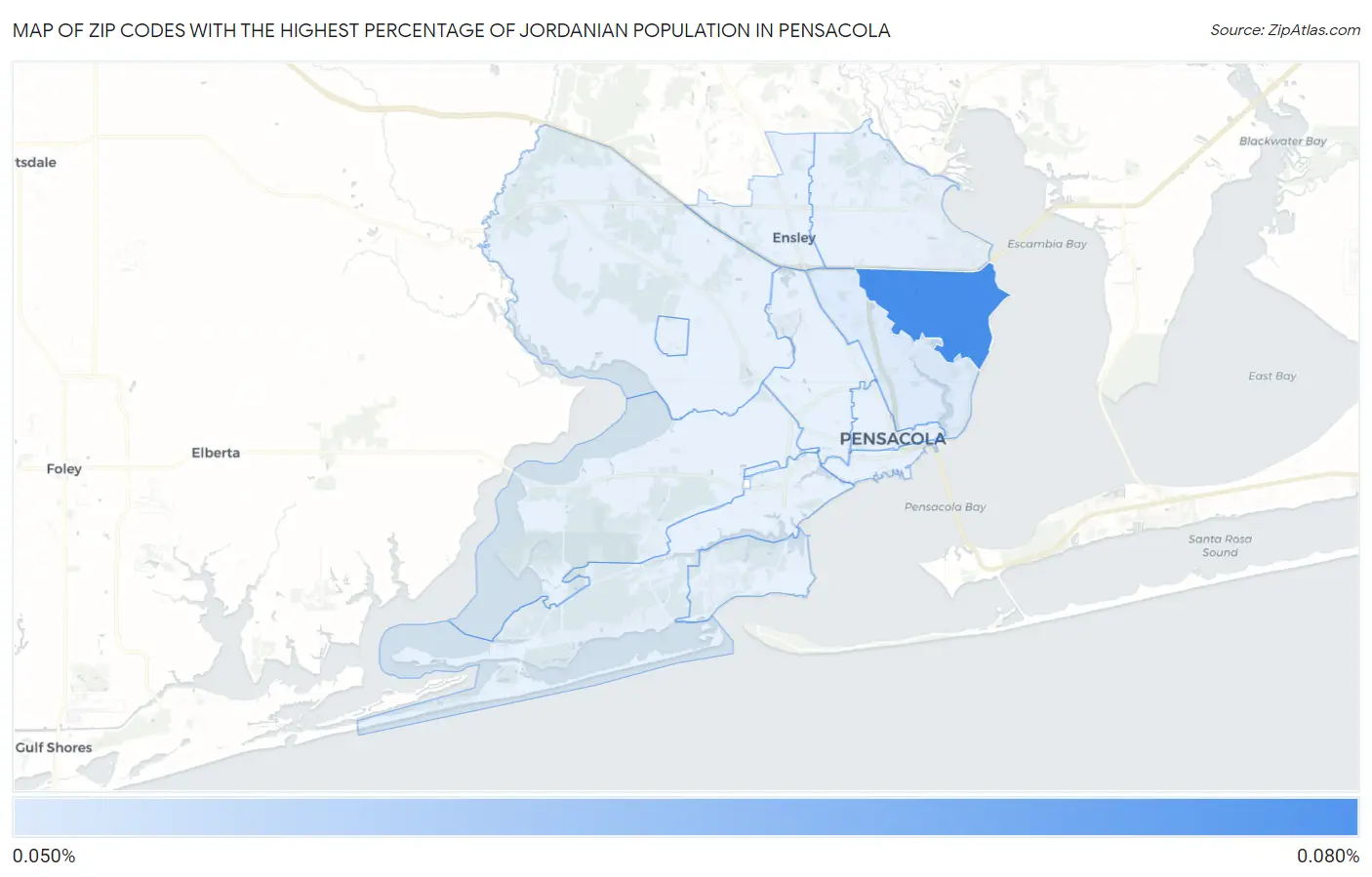 Zip Codes with the Highest Percentage of Jordanian Population in Pensacola Map