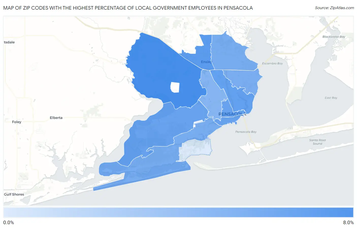 Zip Codes with the Highest Percentage of Local Government Employees in Pensacola Map
