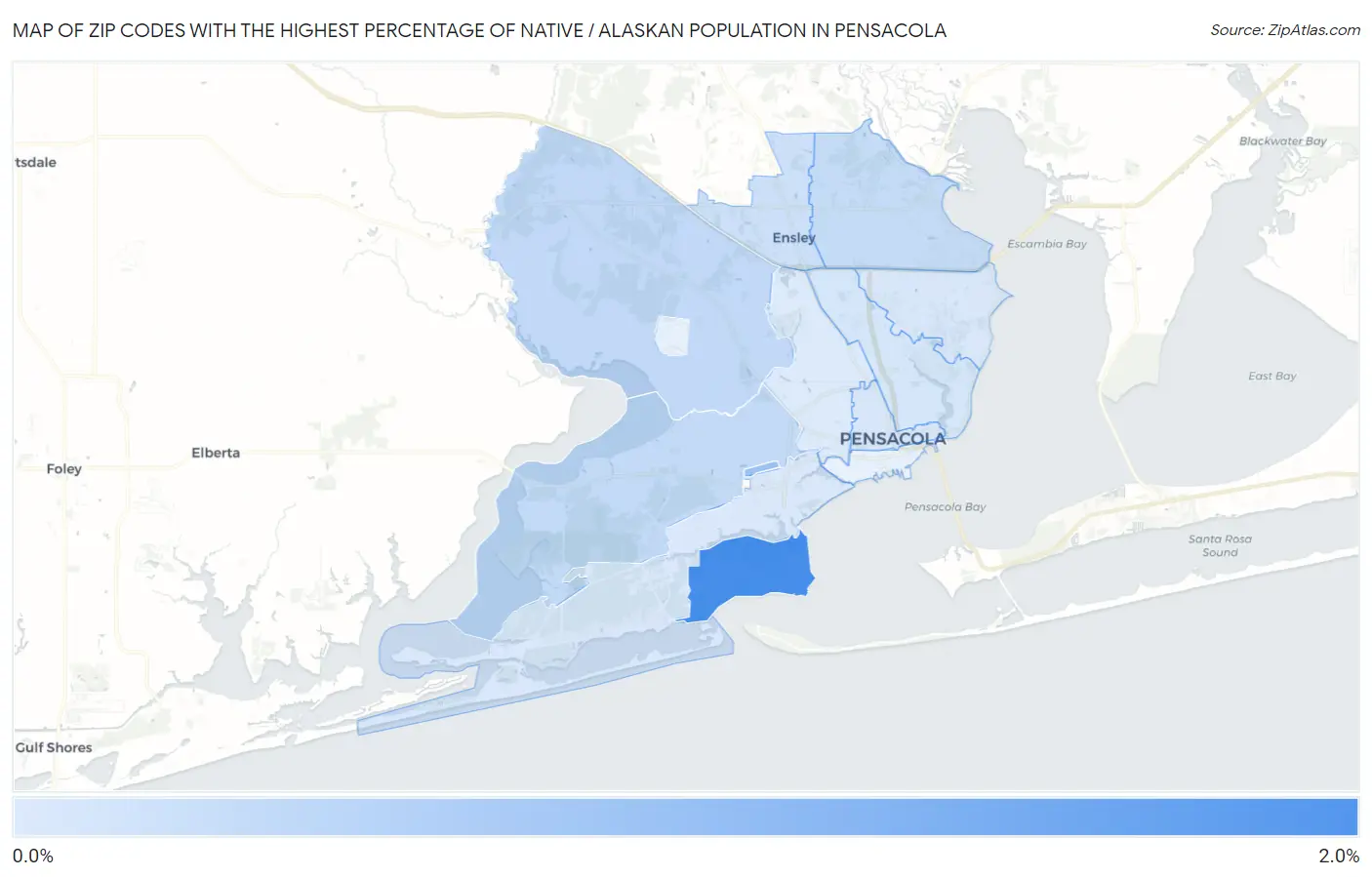 Zip Codes with the Highest Percentage of Native / Alaskan Population in Pensacola Map