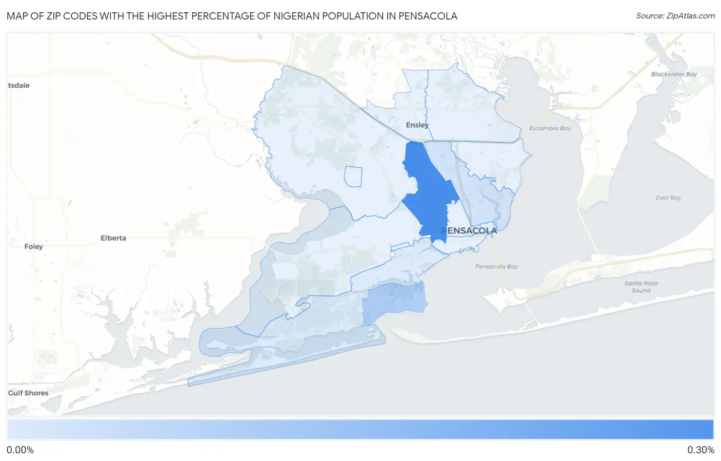 Zip Codes with the Highest Percentage of Nigerian Population in Pensacola Map