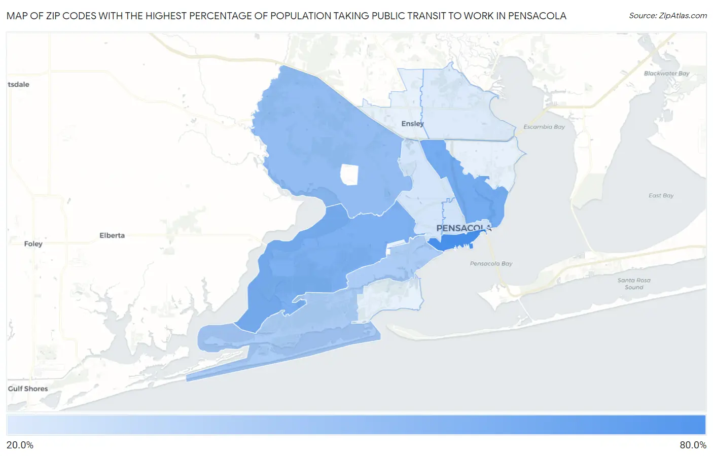 Zip Codes with the Highest Percentage of Population Taking Public Transit to Work in Pensacola Map
