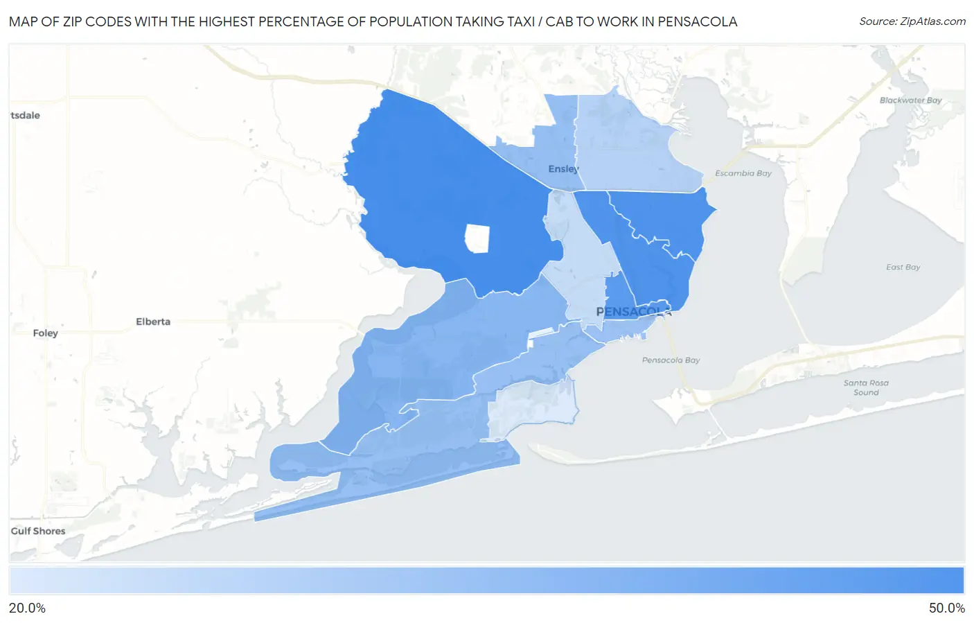Zip Codes with the Highest Percentage of Population Taking Taxi / Cab to Work in Pensacola Map