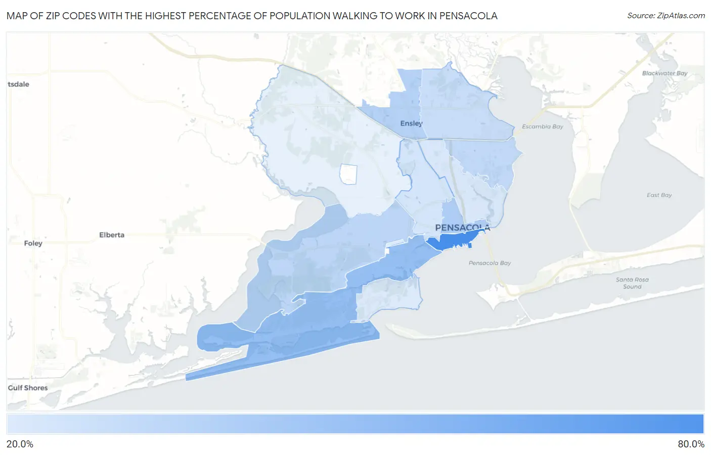 Zip Codes with the Highest Percentage of Population Walking to Work in Pensacola Map