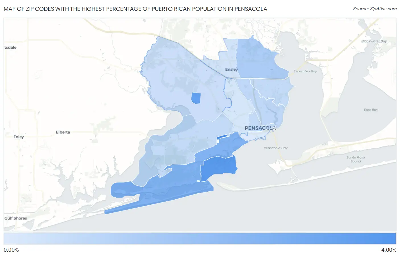 Zip Codes with the Highest Percentage of Puerto Rican Population in Pensacola Map