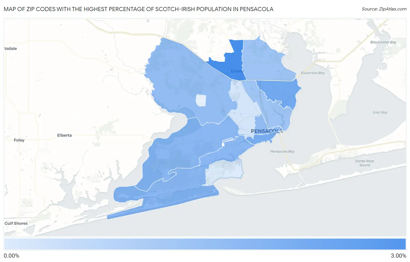 Zip Codes with the Highest Percentage of Scotch-Irish Population in Pensacola Map