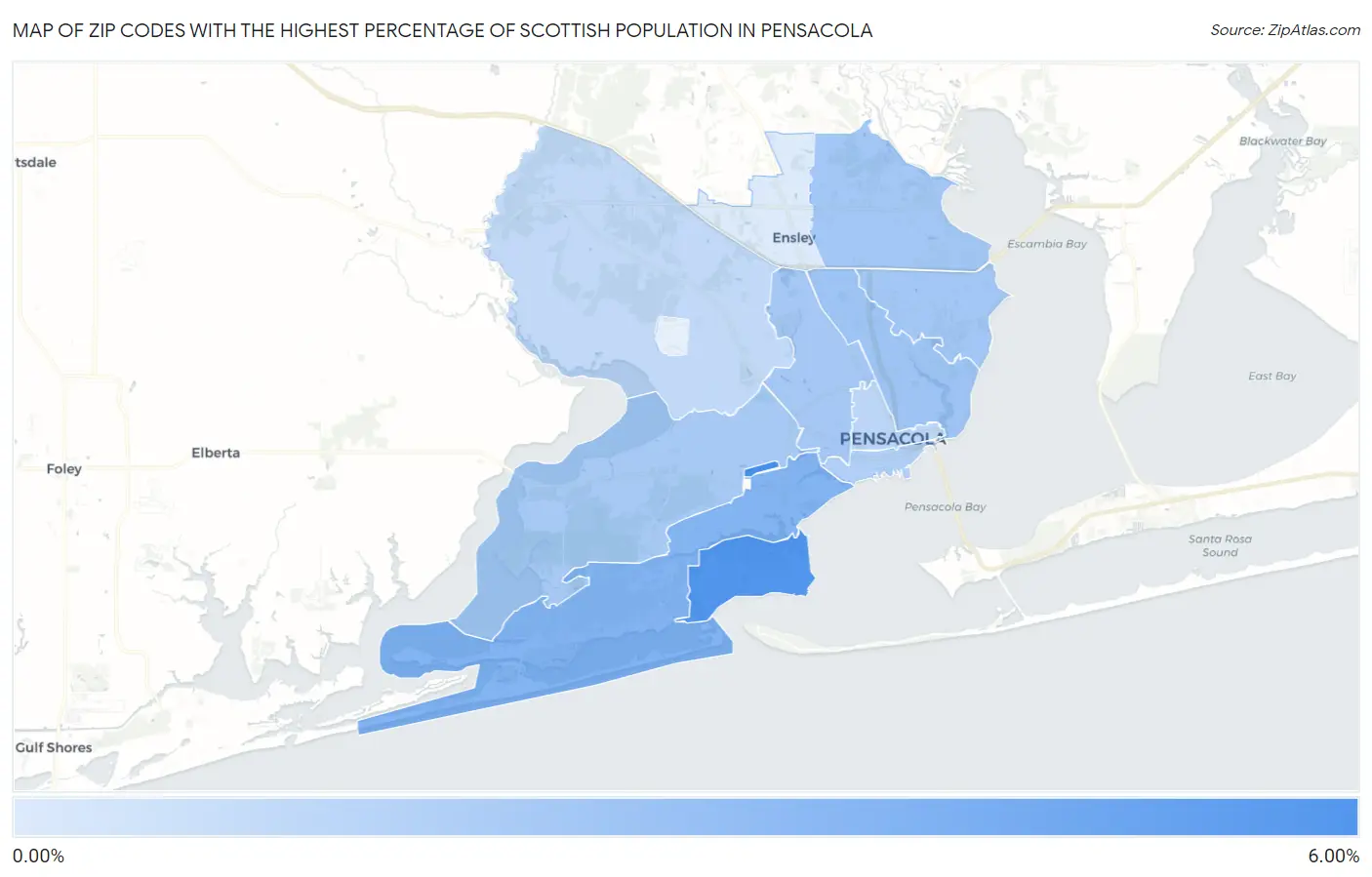 Zip Codes with the Highest Percentage of Scottish Population in Pensacola Map