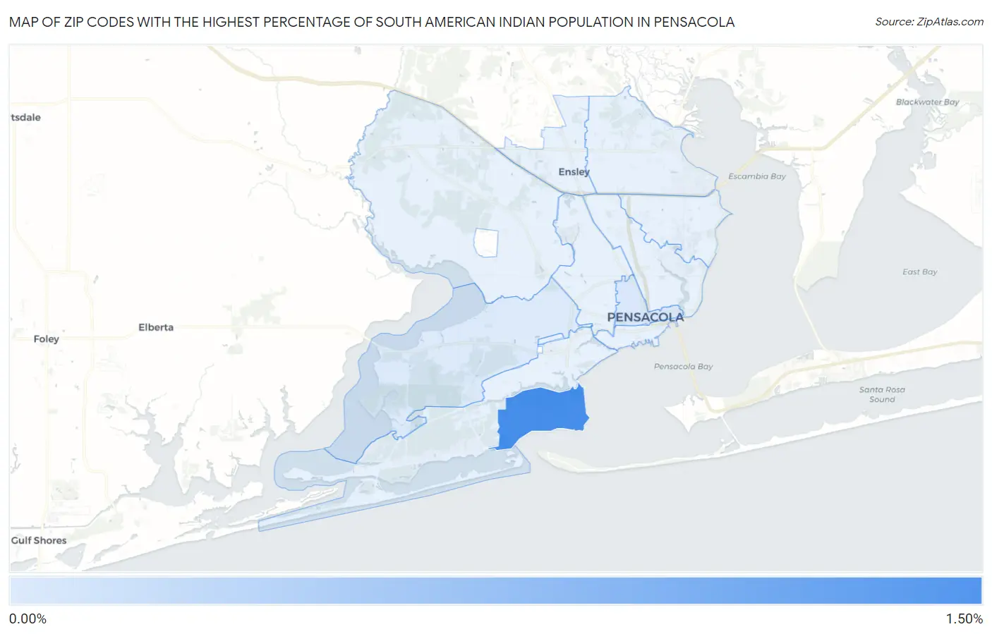 Zip Codes with the Highest Percentage of South American Indian Population in Pensacola Map