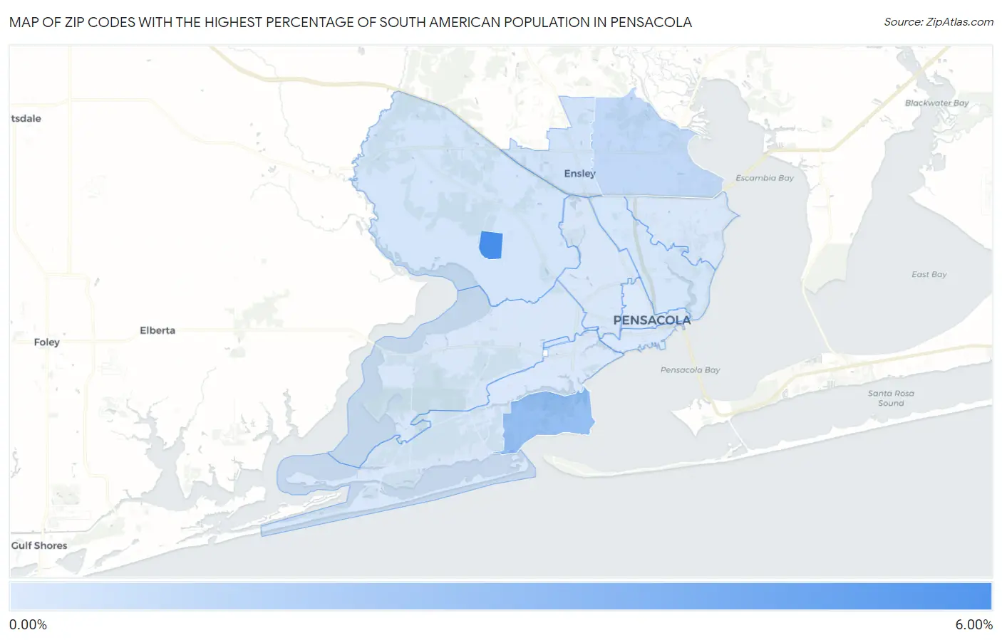 Zip Codes with the Highest Percentage of South American Population in Pensacola Map